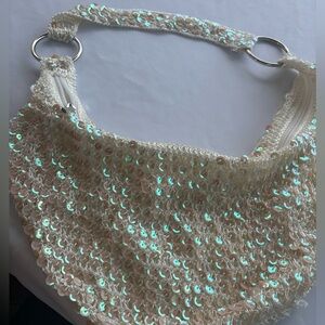 Sequin Embellished White Shoulder Bag